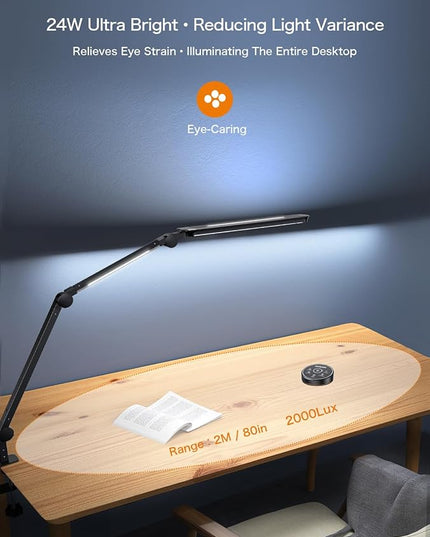 Sky LED Desk Lamp with Remote Control - Three Light Sources・24W・Ajustable Atmosphere Lighting - Flexible Swing Arm, 4 Color Modes & 4 Brightness, Architect Desk Lamp with Clamp for Home Office - LeafyLoom