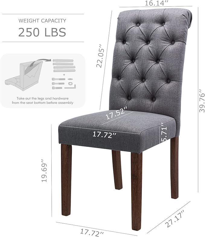 COLAMY Button Tufted Diner Chair Set of 6, Upholstered Stylish Fabric Accent Parsons Chairs with Solid Wood Legs and Padded Seat for Dining Room, Kitchen - Grey - LeafyLoom