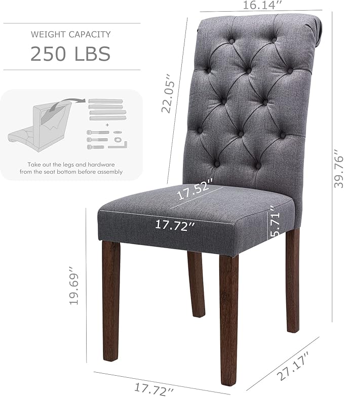 COLAMY Button Tufted Dining Chairs Set of 2, Parsons Upholstered Fabric Dining Room Chairs Kitchen Chairs with Wood Legs and Padded Seat, Dark Grey - LeafyLoom
