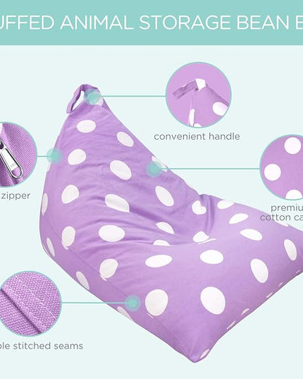 Aubliss Stuffed Animal Storage Bean Bag Chairs Cover, 50"x 35" Extra Large Bean Bags Chair for Kids & Adults, Beanbag Toy Storage for Boys Girls - Premium Cotton Canvas Purple Dot - LeafyLoom
