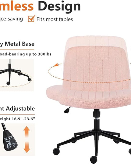 Sweetcrispy Criss Cross Office Chair with Wheels, Wide Armless Home Office Desk Chair with Dual-Purpose Base, Swivel Adjustable Teddy Fabric Task Vanity Computer Chair, Teddy Pink - LeafyLoom
