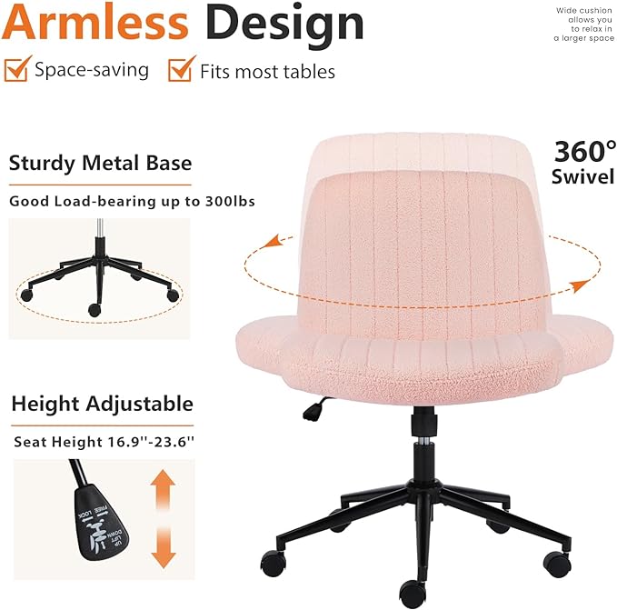 Sweetcrispy Criss Cross Office Chair with Wheels, Wide Armless Home Office Desk Chair with Dual-Purpose Base, Swivel Adjustable Teddy Fabric Task Vanity Computer Chair, Teddy Pink - LeafyLoom