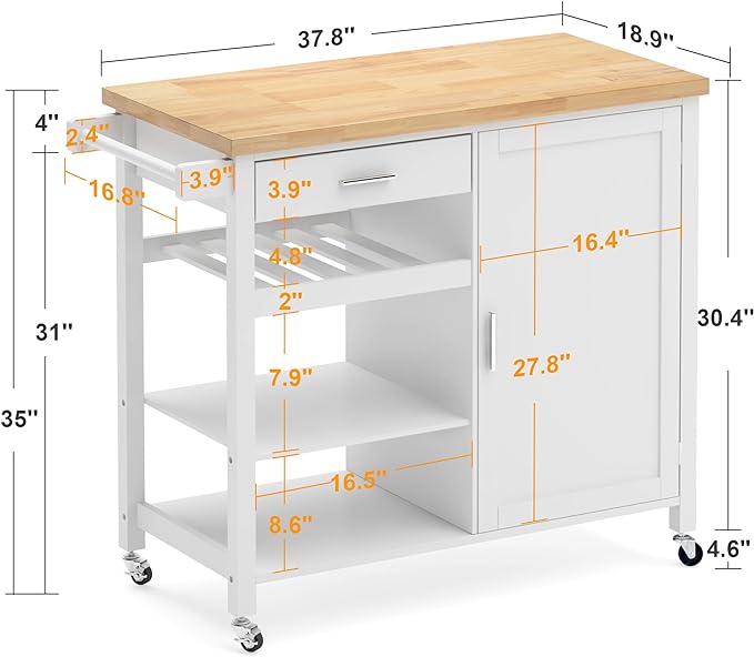 SogesGame Kitchen Island with Storage, Rolling Kitchen Island Cart on Wheels with Drawer, Mobile Kitchen Island with 1-Door Storage Cabinet and 3-Tier Shelves for Living Room, Wine Shelf, Towel Rack - LeafyLoom
