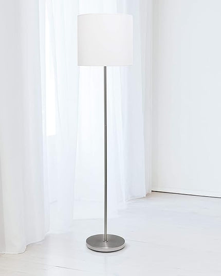 Simple Designs LF2004-WHT Brushed Nickel Stick Drum Shade Floor Lamp, White - LeafyLoom
