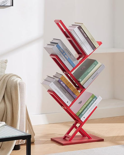 5 Tier Tree Bookshelf, Wisdom Tree Bookshelf, Modern Corner Book Shelfe, Small Bookshelf for Small Spaces, Utility Organizer for CDs/Books/Home Office/Living/Bedroom Room-Red - LeafyLoom