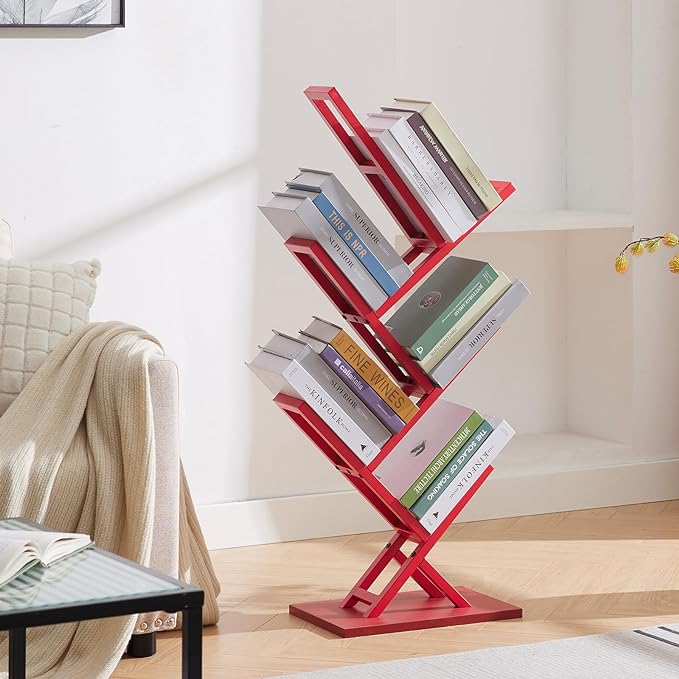 5 Tier Tree Bookshelf, Wisdom Tree Bookshelf, Modern Corner Book Shelfe, Small Bookshelf for Small Spaces, Utility Organizer for CDs/Books/Home Office/Living/Bedroom Room-Red - LeafyLoom