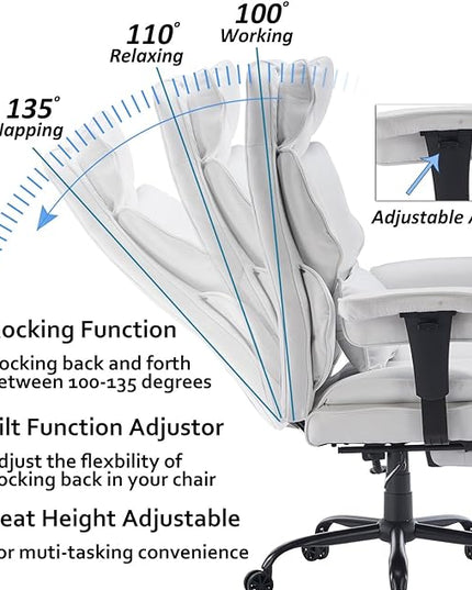 Fabric Office Chair, Big and Tall Office Chair 400 lb Weight Capacity, High Back Executive Office Chair with Foot Rest, Ergonomic Office Chair for Back Pain Relief, White - LeafyLoom