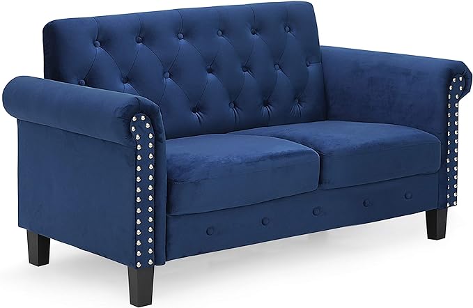 Furinno Bastia Vintage Modern Chesterfield Button Tufted Loveseat/Sofa Couch for Living Room, Navy Velvet - LeafyLoom