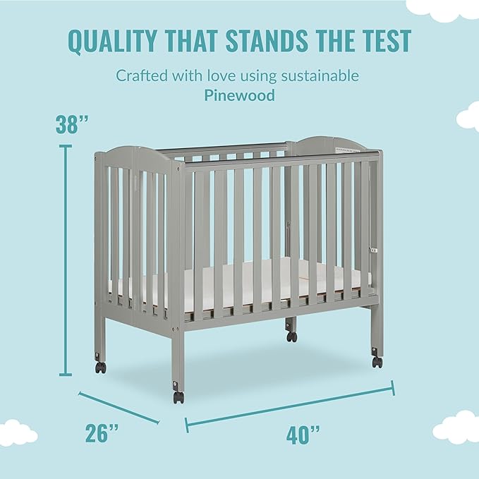 2 in 1 Folding Portable Crib in Cool Grey, Greenguard Gold Certified , 40x26x38 Inch (Pack of 1) - LeafyLoom