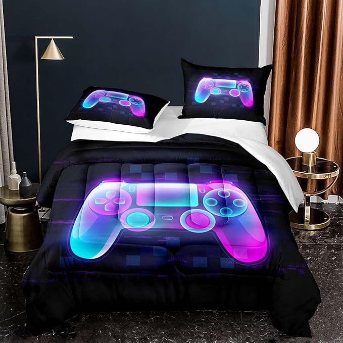 Gaming Comforter for Boys Kids Purple Gamer Comforter Set Full Size Game Home Decor Soft Video Game Gamepad Bedding Set Modern All Season Teens Bedroom - LeafyLoom