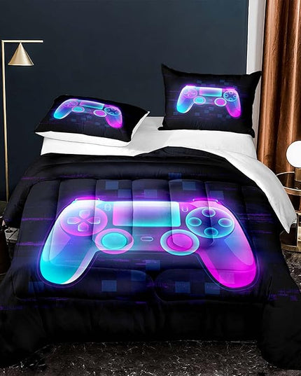 Gaming Comforter for Boys Kids Purple Gamer Comforter Set Full Size Game Home Decor Soft Video Game Gamepad Bedding Set Modern All Season Teens Bedroom - LeafyLoom