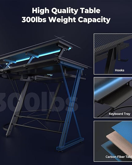 L Shaped Gaming Desk with LED Lights and Power Outlet, Computer Desk with Monitor Stand, Untimate Corner Desk with Hooks and Keyboard Tray, Carbon Fiber, Black - LeafyLoom
