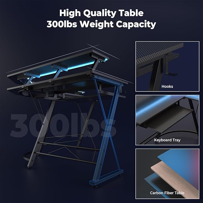 L Shaped Gaming Desk with LED Lights and Power Outlet, Computer Desk with Monitor Stand, Untimate Corner Desk with Hooks and Keyboard Tray, Carbon Fiber, Black - LeafyLoom