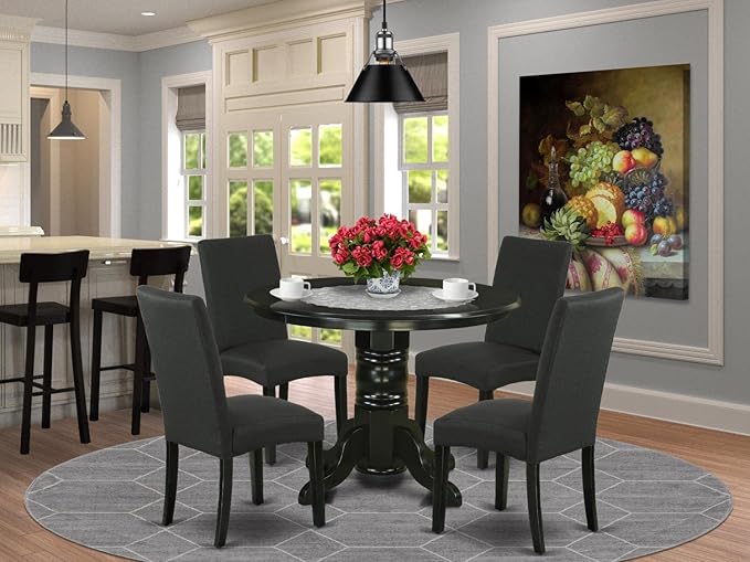 East West Furniture SHDR5-BLK-24 5 Piece Dinette Set for 4 Includes a Round Kitchen Table with Pedestal and 4 Black Color Linen Fabric Upholstered Parson Chairs, 42x42 Inch, Black - LeafyLoom