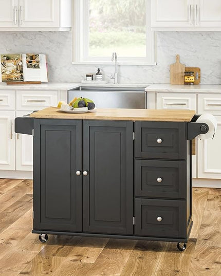 Homestyles Dolly Madison Kitchen Cart with Wood Top and Drop Leaf Breakfast Bar, Rolling Mobile Kitchen Island with Storage and Towel Rack, 54 Inch Width, Black - LeafyLoom