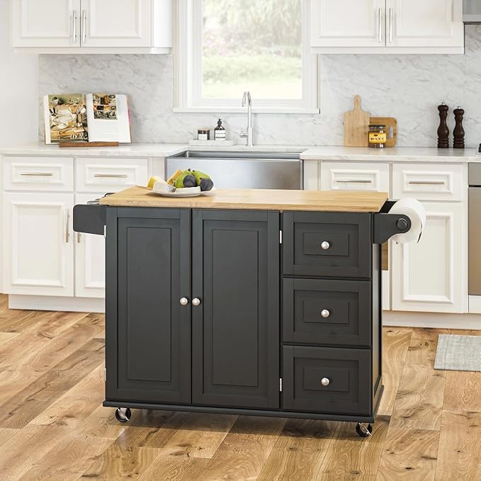 Homestyles Dolly Madison Kitchen Cart with Wood Top and Drop Leaf Breakfast Bar, Rolling Mobile Kitchen Island with Storage and Towel Rack, 54 Inch Width, Black - LeafyLoom
