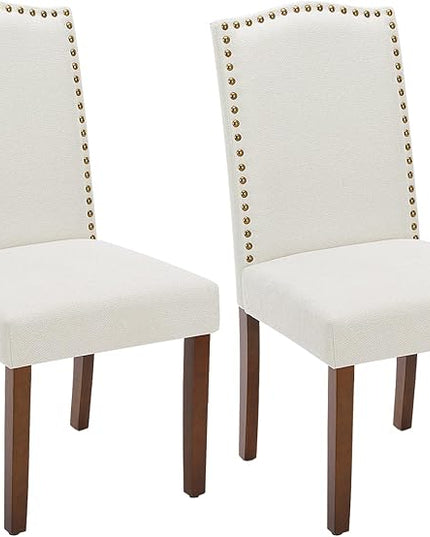 DUMOS Dining Chairs Set of 2, Fabric Dining Room Chairs, Upholstered Parsons Chairs with Nailhead Trim and Wood Legs, Kitchen Side Chair for Dining Living Room,Bedroom - Beige - LeafyLoom