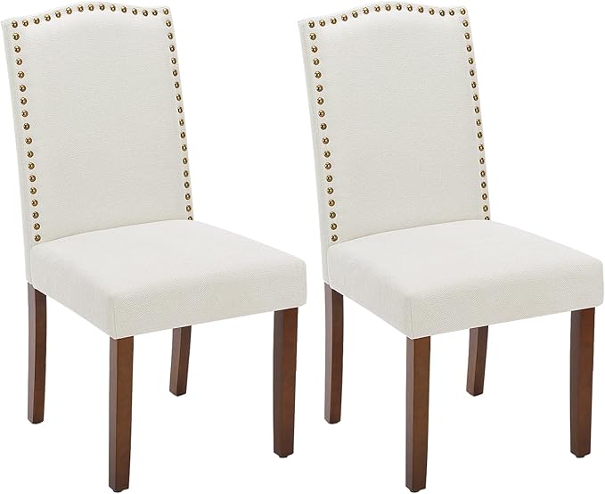 DUMOS Dining Chairs Set of 2, Fabric Dining Room Chairs, Upholstered Parsons Chairs with Nailhead Trim and Wood Legs, Kitchen Side Chair for Dining Living Room,Bedroom - Beige - LeafyLoom