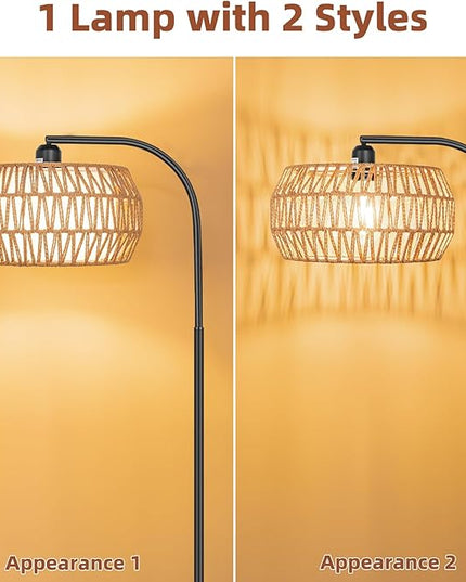 Floor Lamp with Remote, Rattan Standing Lamp with Rattan & Linen Shades, Boho Farmhouse Standing Lamps with Stepless Dimmable Bulb, Black Metal Base Rattan Lamp for Living Room, Bedroom, Office - LeafyLoom