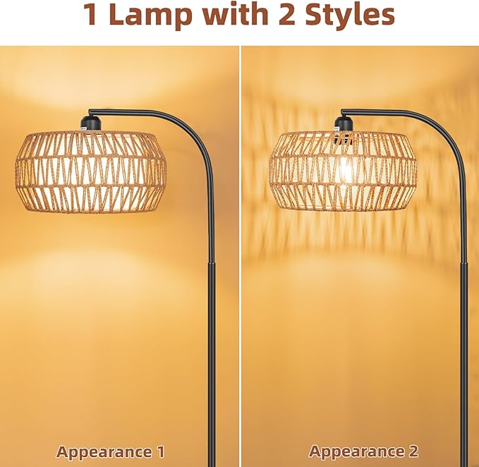 Floor Lamp with Remote, Rattan Standing Lamp with Rattan & Linen Shades, Boho Farmhouse Standing Lamps with Stepless Dimmable Bulb, Black Metal Base Rattan Lamp for Living Room, Bedroom, Office - LeafyLoom