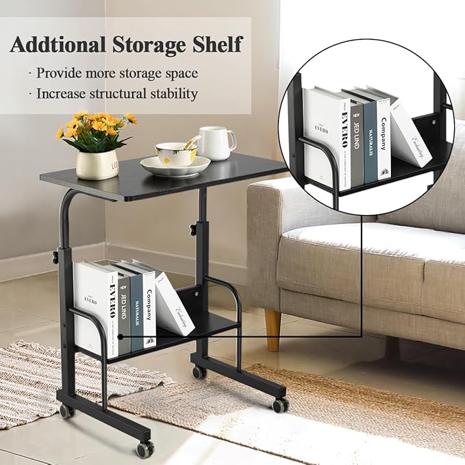 SIDUCAL Rolling Laptop Cart, Portable Laptop Desk, Computer Desk on Wheels Adjustable Height, Mobile Laptop Desk, Rolling Computer Cart, Rolling TV Cart, Small Portable Desk for Laptop, 23.6'' Black - LeafyLoom