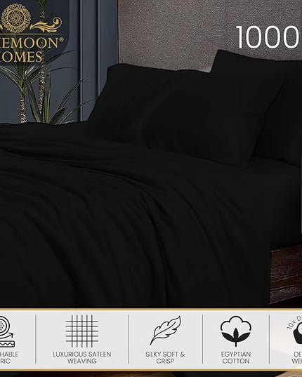 Deep Pocket King Sheet Set Cotton Luxurious Hotel Style 1000 Thread Count Hotel Luxury 100% Egyptian Fits Mattress Up to 18 Inches Solid Pattern King Size 4-Piece Bed Sheet Set (Black) - LeafyLoom