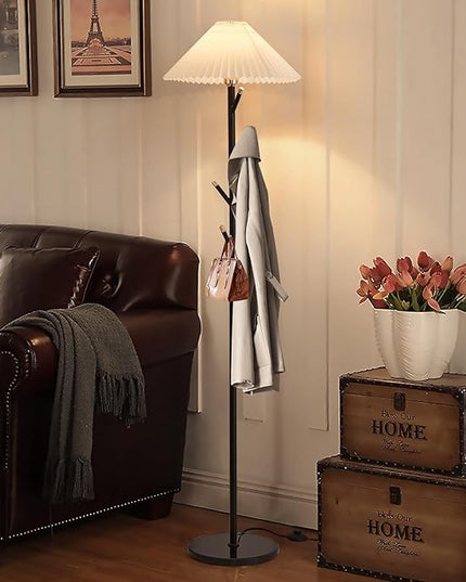 Unique Floor Lamps Modern,Black Simple Floor Lamp with Coat Rack,Tree LED standing lamp ,Lamparas De Pie Para Sala for Living Room Office or Bedroom - Includes Two Pleated Lampshades (Beige+Green) - LeafyLoom