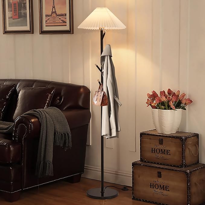 Unique Floor Lamps Modern,Black Simple Floor Lamp with Coat Rack,Tree LED standing lamp ,Lamparas De Pie Para Sala for Living Room Office or Bedroom - Includes Two Pleated Lampshades (Beige+Green) - LeafyLoom