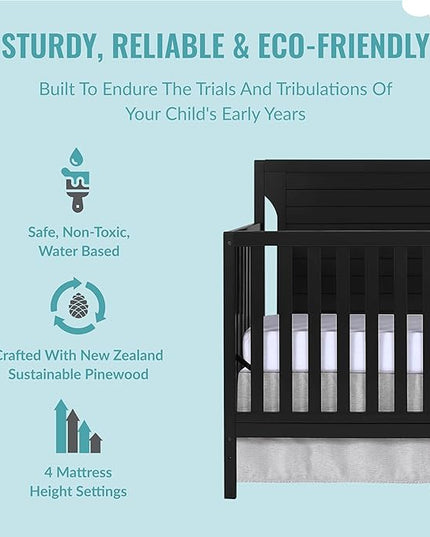Cape Cod 5-In-1 Convertible Crib In Black, Greenguard Gold And JPMA Certified, Built Of Sustainable New Zealand Pinewood, 3 Mattress Height Positions - LeafyLoom