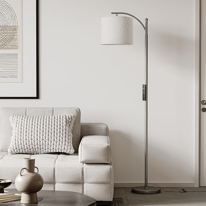 SUNMORY Dimmable Floor Lamp with Remote Control，Lamp for Living Room Stepless Color Temperature and Brightness, Standing Lamp for Bedroom and Office with 1H Timer，Gray Floor Lamp with Linen Shade - LeafyLoom