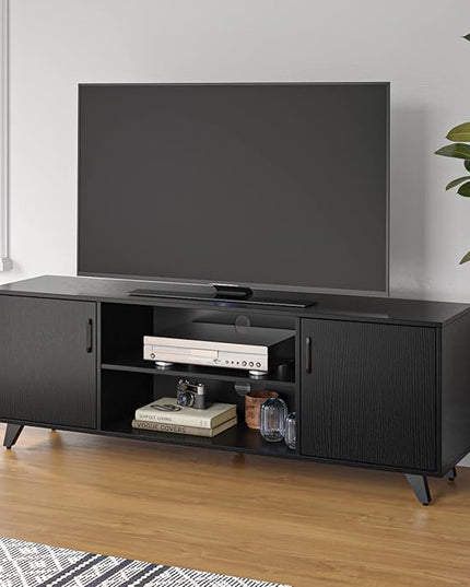 Panana TV Stand Television Stands TV Console Unit with Shelf and 2 Doors Storage Cabinets for Living Room Bedroom for TVs up to 70 Inches (Black, 62.99 inch) - LeafyLoom