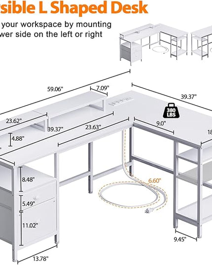 Furologee White 59” L Shaped Desk with Power Outlet, Reversible Computer Desk with File Drawer & 2 Monitor Stands, Corner Home Office Desk with Storage Shelves for Gaming Writing - LeafyLoom