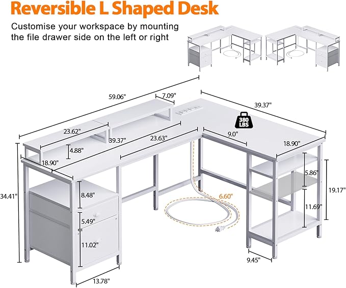 Furologee White 59” L Shaped Desk with Power Outlet, Reversible Computer Desk with File Drawer & 2 Monitor Stands, Corner Home Office Desk with Storage Shelves for Gaming Writing - LeafyLoom