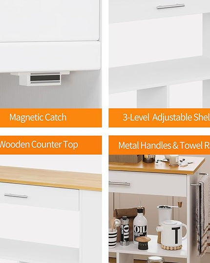 Shintenchi Kitchen Island on Wheels with Large Work Countertop, Storage Island & Cart with 3-Tier Spice Rack, 3 Open Shelves and 1 Drawer, White - LeafyLoom