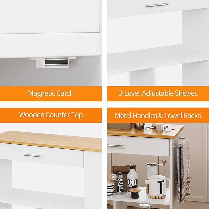 Shintenchi Kitchen Island on Wheels with Large Work Countertop, Storage Island & Cart with 3-Tier Spice Rack, 3 Open Shelves and 1 Drawer, White - LeafyLoom