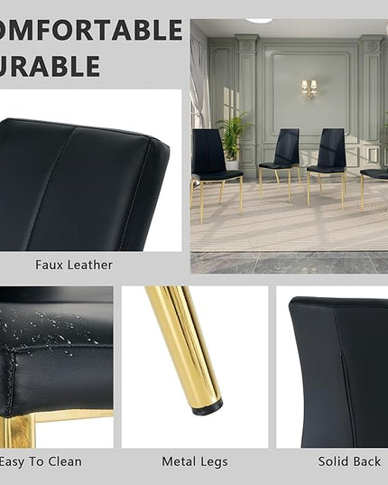 Modern Faux Leather Dining Chairs Set of 4, Padded Seat Dining Side Chairs, Upholstered Chair with Metal Legs for Kitchen, Living Room, Dining Room, Black Chairs+Gold Legs - LeafyLoom