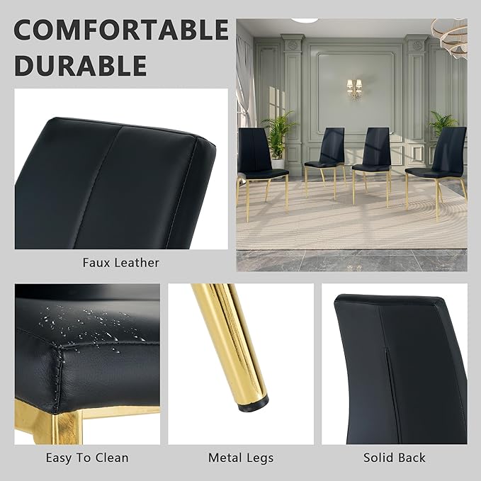 Modern Faux Leather Dining Chairs Set of 4, Padded Seat Dining Side Chairs, Upholstered Chair with Metal Legs for Kitchen, Living Room, Dining Room, Black Chairs+Gold Legs - LeafyLoom