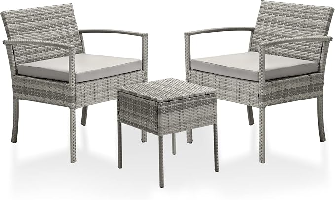 3 Pieces Patio Furniture Set, Balcony Furniture, Patio Bistro Set All-Weather Wicker Chairs Conversation Set with Cushions Table for Outdoor Backyard Porch Lawn (Grey-Grey) - LeafyLoom