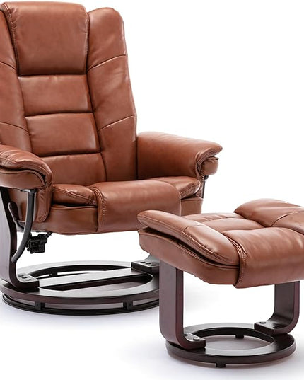 JC Home Swivel Ottoman Bonded Leather Recliner Chair and Foot Rest for Living Room, Home Theater, Man Cave, Bedroom-Round Mahogany Base-Modern, Contemporary Furniture, Extra Large, Tan - LeafyLoom