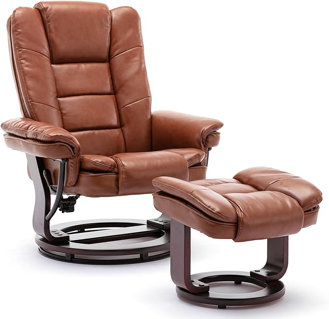 JC Home Swivel Ottoman Bonded Leather Recliner Chair and Foot Rest for Living Room, Home Theater, Man Cave, Bedroom-Round Mahogany Base-Modern, Contemporary Furniture, Extra Large, Tan - LeafyLoom