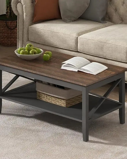 ChooChoo Oxford Coffee Table, Wooden Coffee Table with Thicker Legs, Black Coffee Table with Storage for Living Room - LeafyLoom