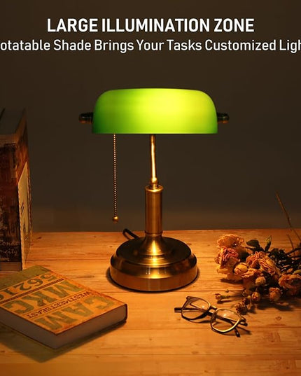 TORCHSTAR Green Glass Bankers Desk Lamp, UL Listed, Antique Desk Lamps with Brass Base, Traditional Library Lamp with Pull Chain, E26 Base, Vintage Desk Lamp for Office, Study Room - LeafyLoom