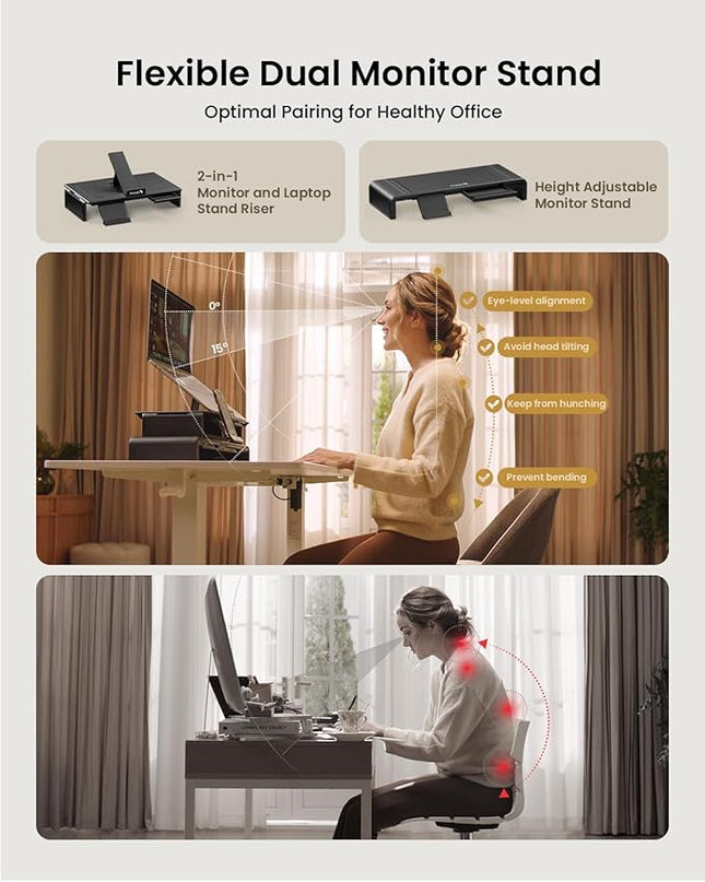 ProtoArc Standing Desk with Dual Monitor Stand Riser, 48 x 24 Inches Height Adjustable Desk with Storage, ErgoDesk 100 Electric Stand up Desk with Laptop Stand (Black/White) - LeafyLoom