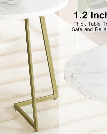 VECELO Small Round Dining Table Set for 2, Wood Marbled Tabletop with Steel Frame, Modern Dinette with Chairs for Kitchen Breakfast Nook Living Room, White and Gold - LeafyLoom