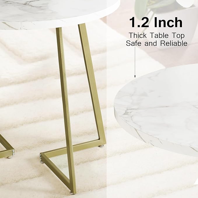 VECELO Small Round Dining Table Set for 2, Wood Marbled Tabletop with Steel Frame, Modern Dinette with Chairs for Kitchen Breakfast Nook Living Room, White and Gold - LeafyLoom