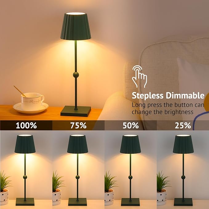 GGOYING Cordless Table Lamp,5200mAh Rechargeable Battery LED Lamp with 3 Color Stepless Dimmable, Modern Portable LED Desk Lamp Night Light(Hunter Green) - LeafyLoom