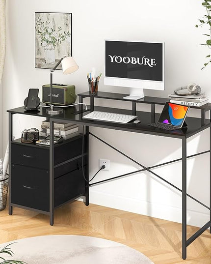 Yoobure Computer Desk, Gaming Desk with LED Lights & Power Outlets, Office Desk with Fabric File Cabinets, 55.1" Gaming Table with Long Monitor Stand, PC Gamer Desk with Drawers for Home office, Black - LeafyLoom