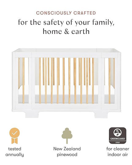 Babyletto Yuzu Convertible All-Stages Bassinet, Midi, Full-Size Crib in White with Natural, Greenguard Gold Certified, Portable & Adjustable with Conversion Kits and Pads Included - LeafyLoom