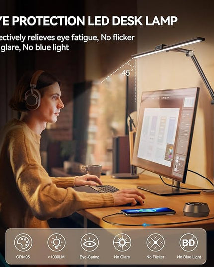 LED Desk Lamp with Clamp for Home Office, 24W Ultra Bright 7 Stepless Dimming/5 Color Modes/Timer, Architect Modern Table Lamp with Touch and Remote Control USB Charging Port for Study Reading - LeafyLoom
