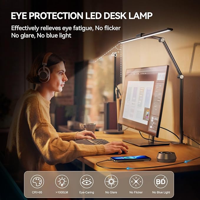 LED Desk Lamp with Clamp for Home Office, 24W Ultra Bright 7 Stepless Dimming/5 Color Modes/Timer, Architect Modern Table Lamp with Touch and Remote Control USB Charging Port for Study Reading - LeafyLoom